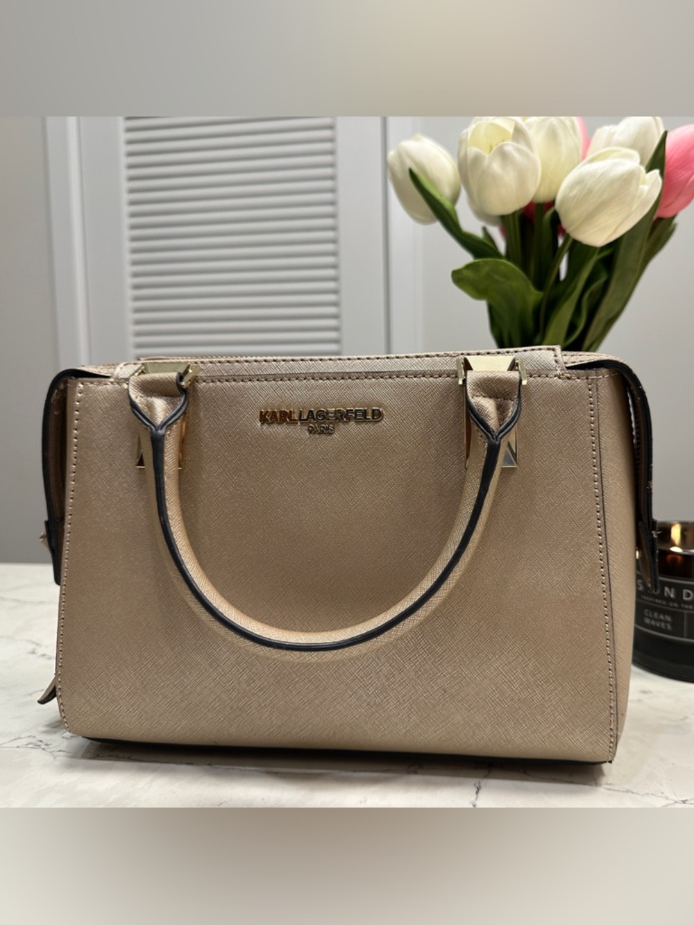 Karl Lagerfeld Paris Structured Satchel – Taupe with Gold Hardware - Picture 5 of 13